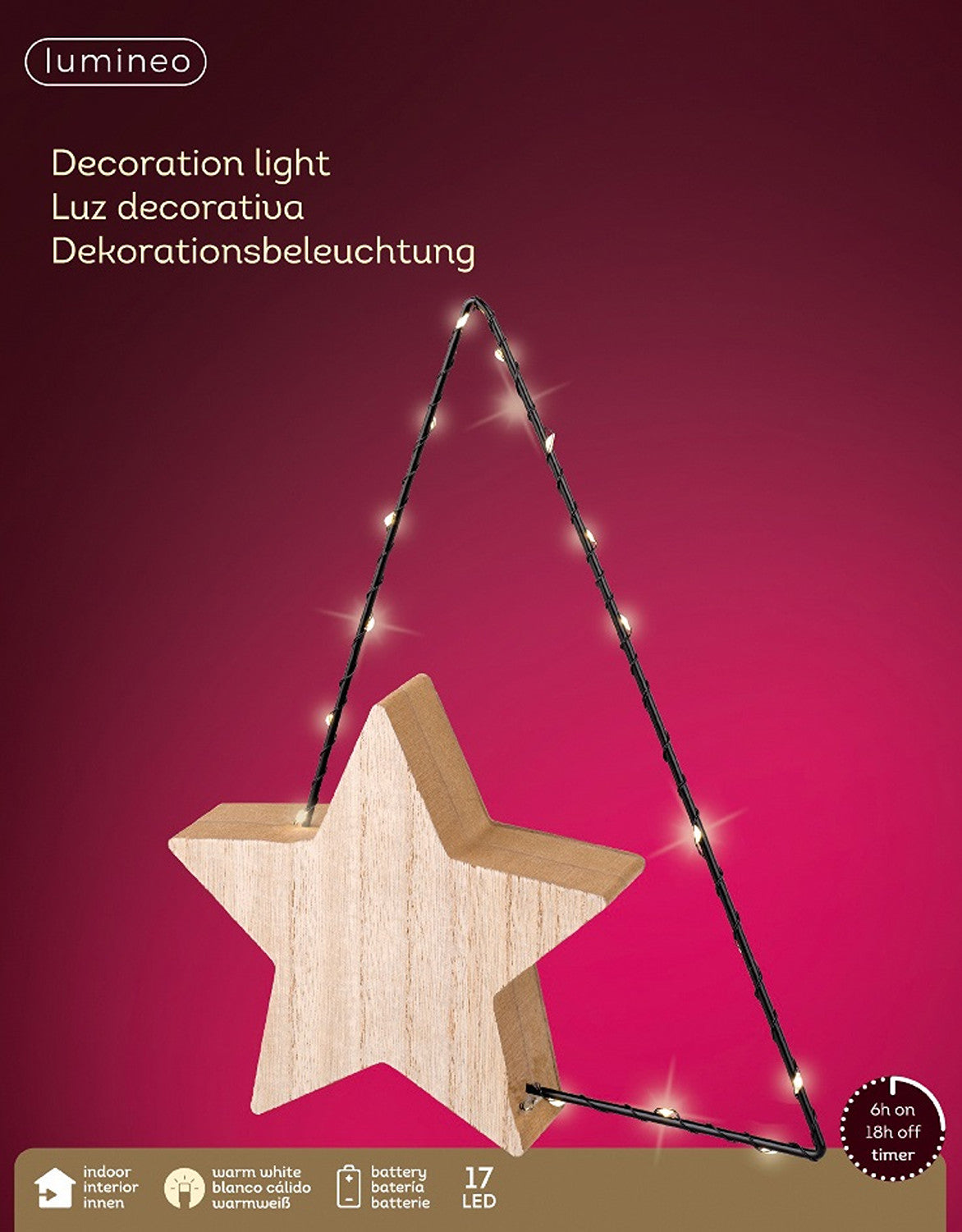 LED Beleuchtung Holzstern, 17 LED warm weiß, batteriebetrieben