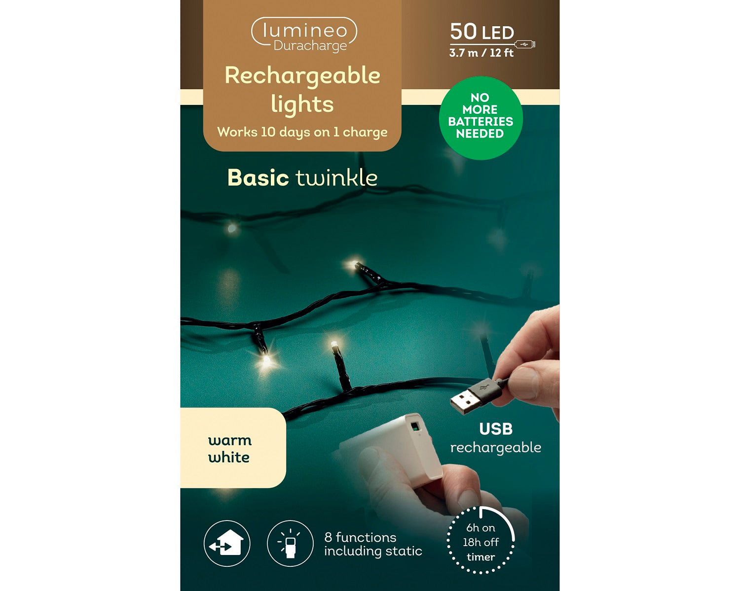 Lumineo USB Lichterkette BASIC Twinkle, 50 LED 3,7 m, warm weiß, wiederaufladbar