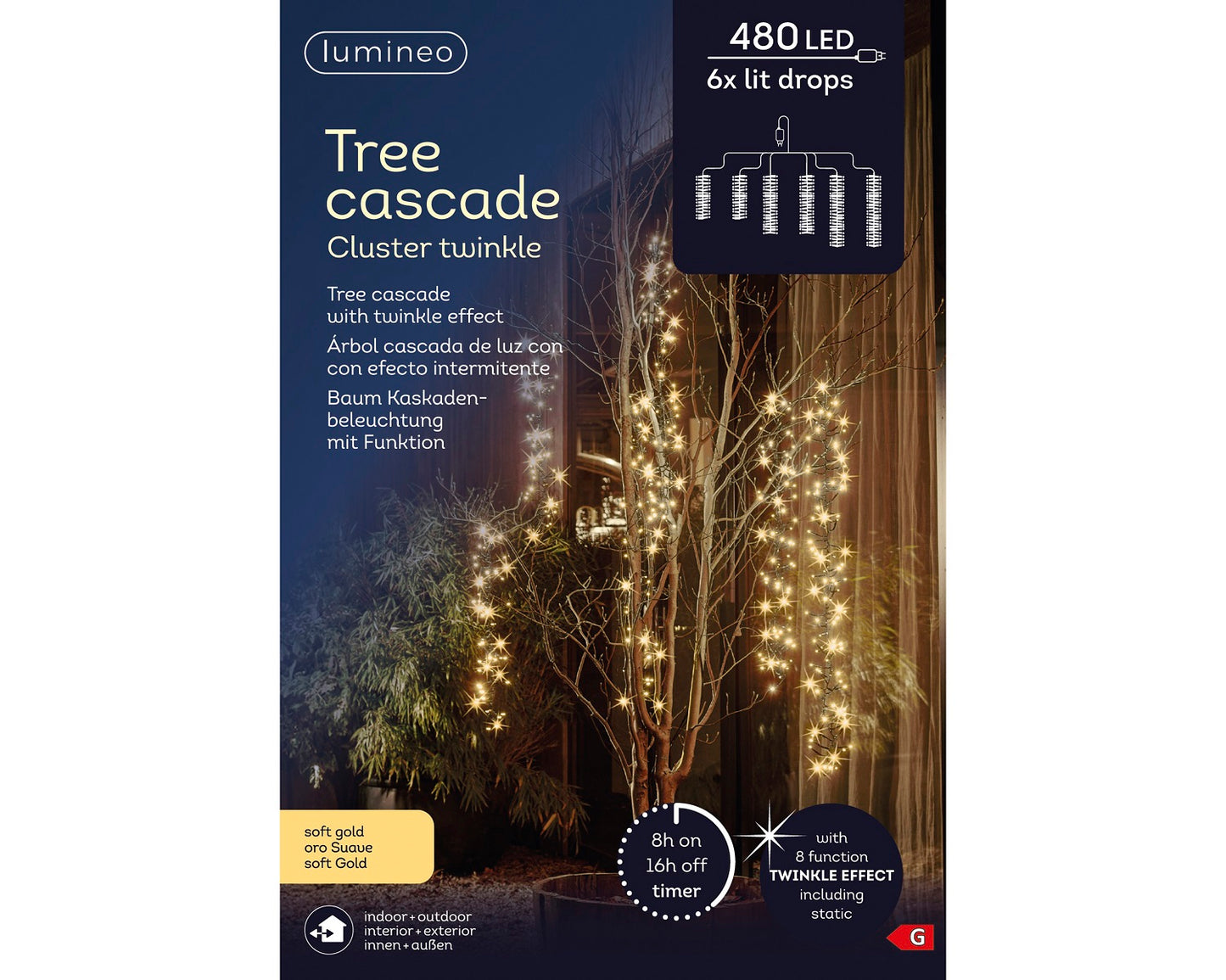 Baum Kaskadenbeleuchtung, Cluster Twinkle 480 LED 6 LED-Stränge, Soft Gold