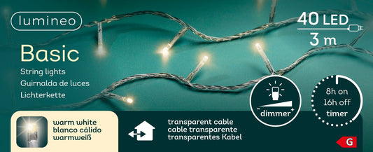 Lichterkette BASIC 40 LED 3 m warm weiß, transparentes Kabel