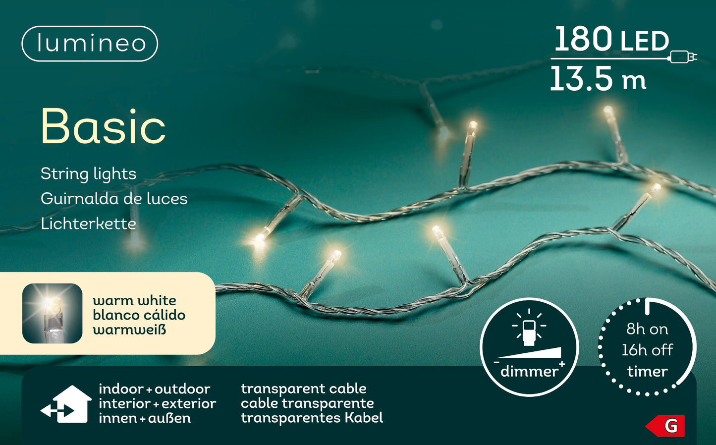 Lichterkette BASIC 180 LED 13,5 m warm weiß, transparentes Kabel