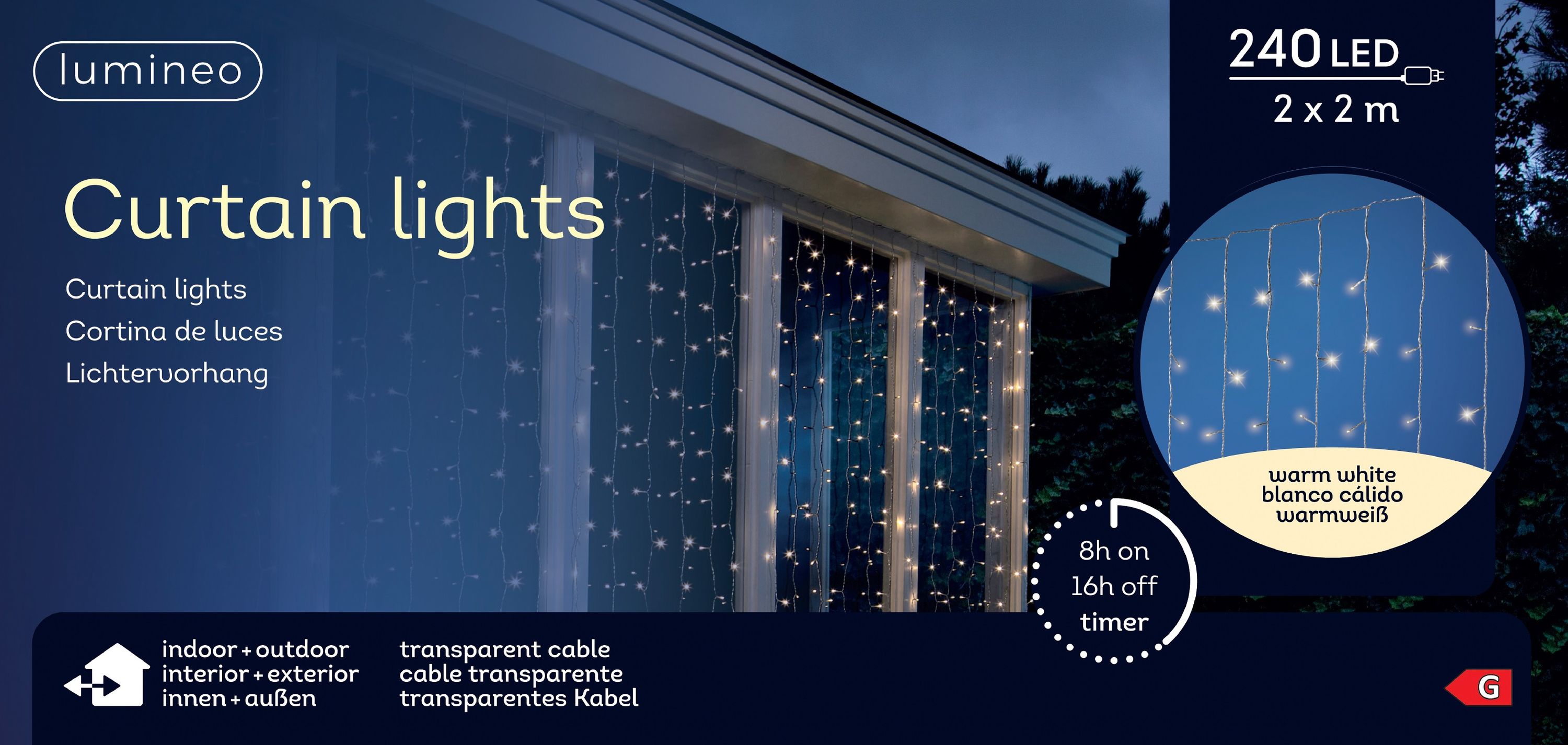 Lumineo Lichtervorhang CURTAIN LIGHTS 240 LED 2x2m warm weiß, transparentes Kabel