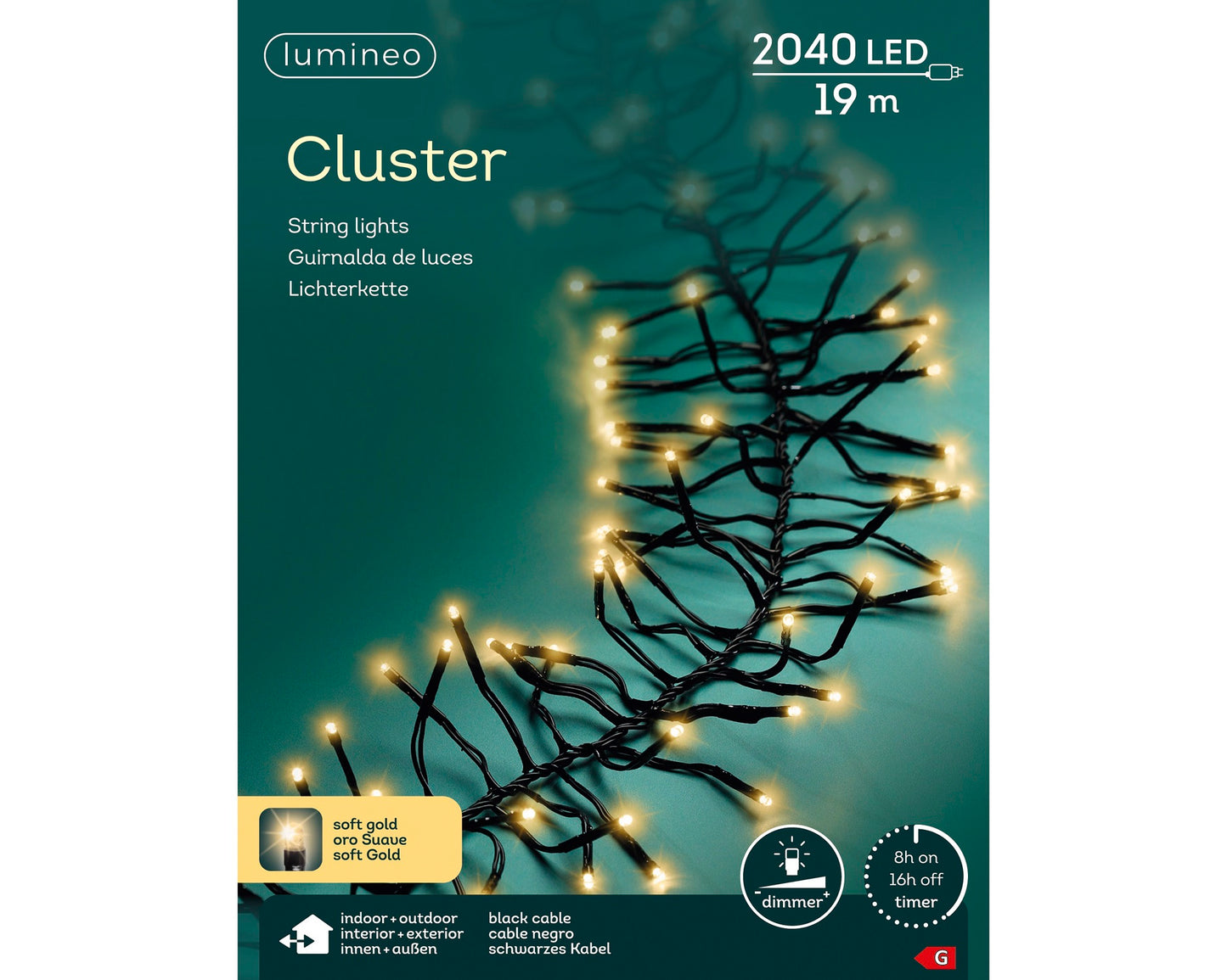Lichterkette CLUSTER 2040 LED 19 m Soft Gold, schwarzes Kabel