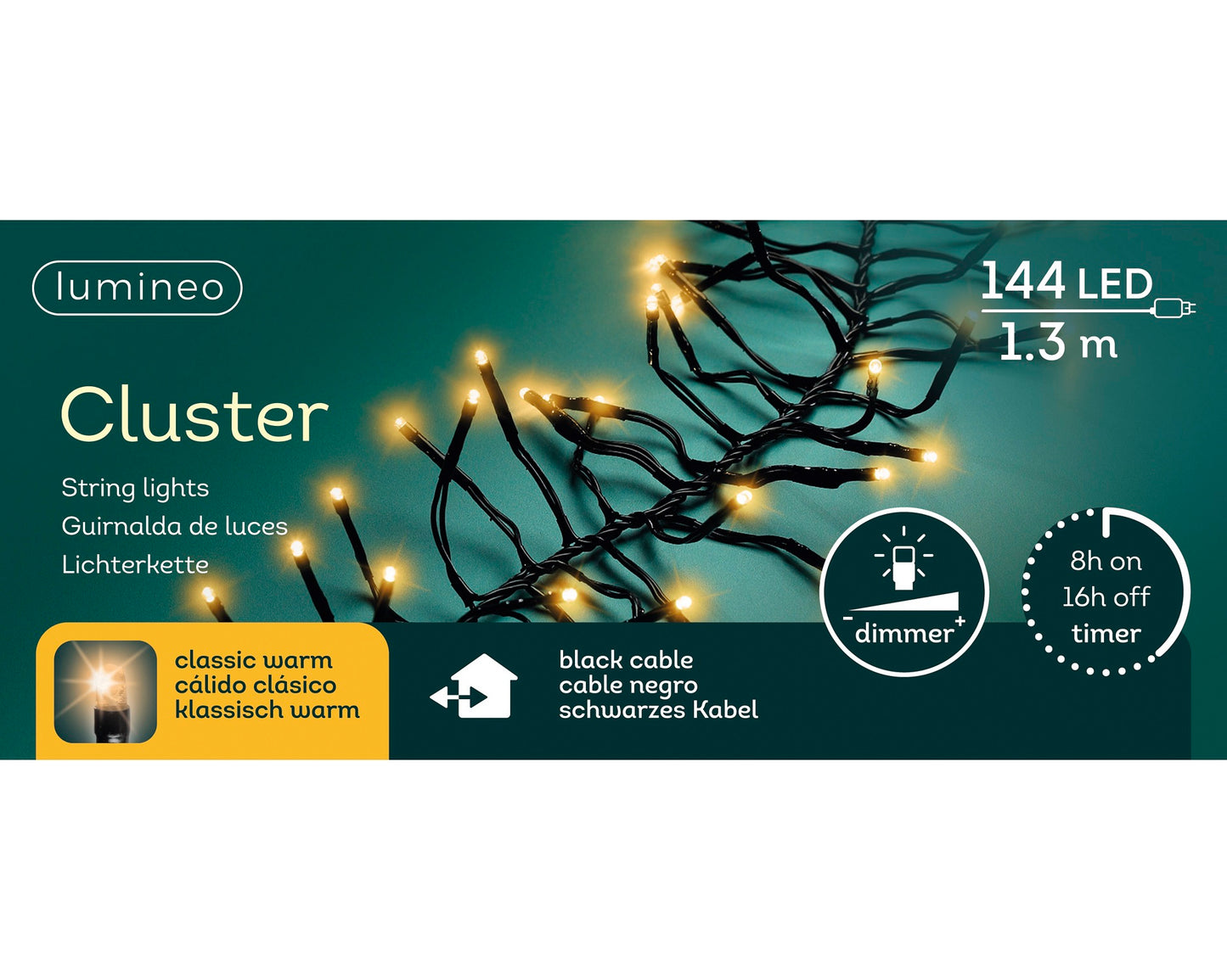 Lichterkette CLUSTER 144 LED 1,3 m klassisch warm, schwarzes Kabel