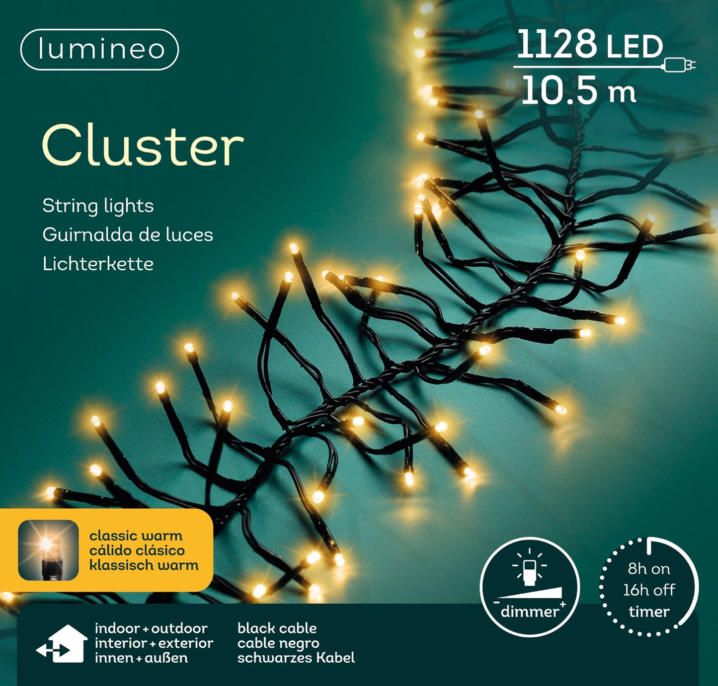 Lichterkette Cluster 1128 LED 10,5 m klassisch warm, schwarzes Kabel