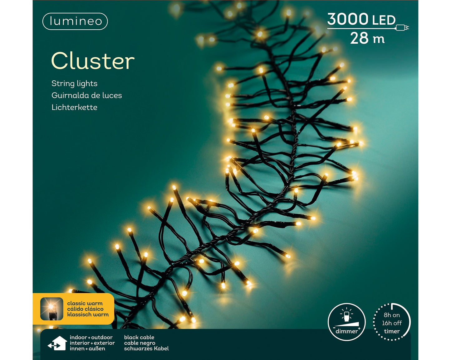 Lichterkette CLUSTER 3000 LED 28 m klassisch warm, schwarzes Kabel
