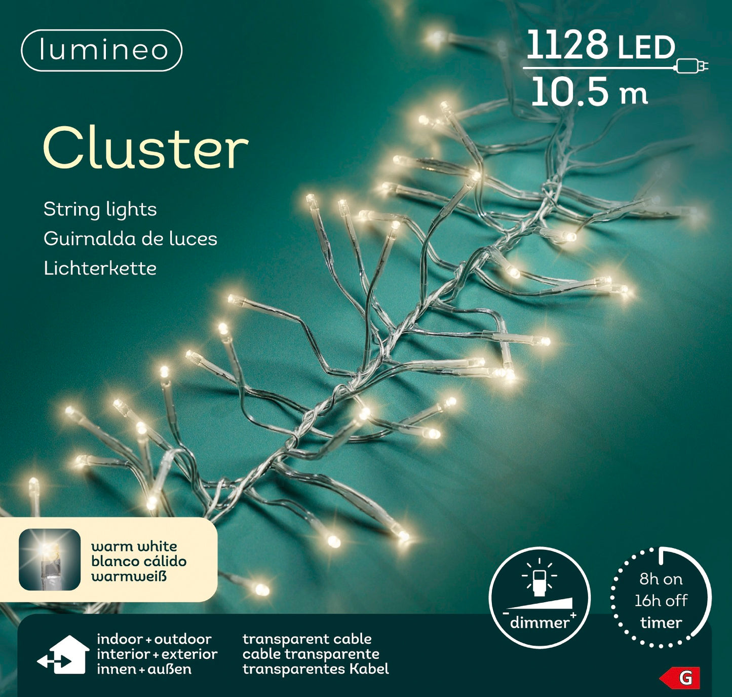 Lichterkette CLUSTER 1128 LED 10,5 m warm weiß, transparentes Kabel