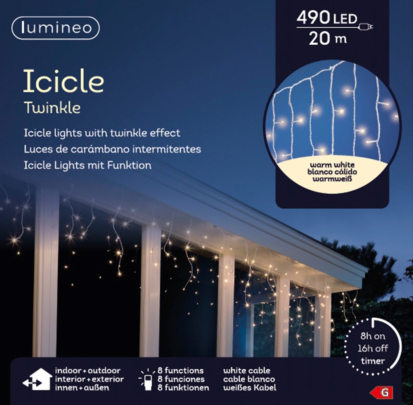 Lichtervorhang ICICLE TWINKLE 490 LED 20 m warm weiß, weißes Kabel