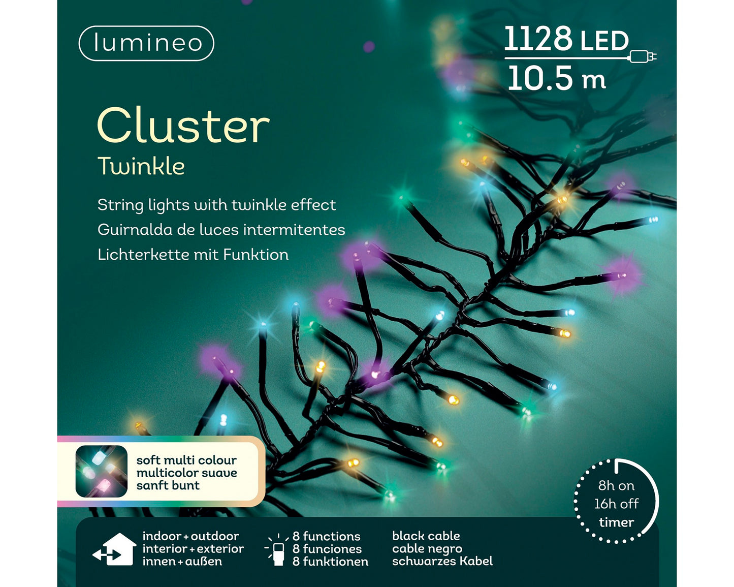 Lichterkette CLUSTER TWINKLE 1128 LED 10,5 m BUNT, schwarzes Kabel