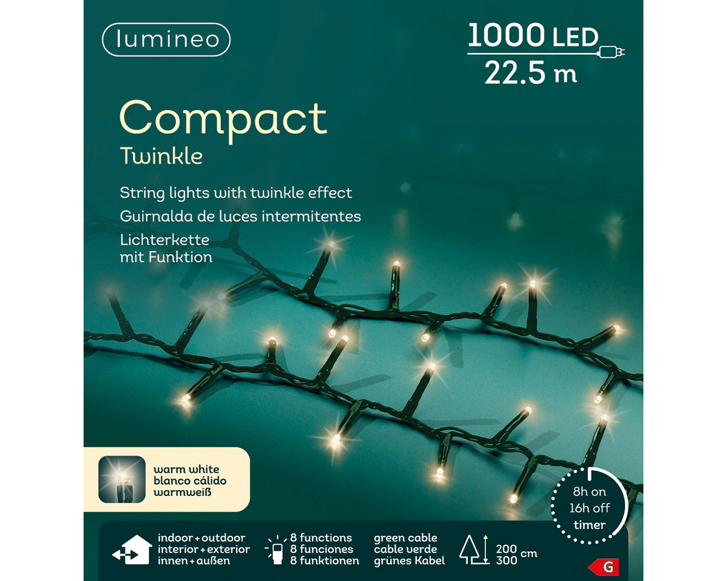Lichterkette COMPACT TWINKLE 1000 LED 22,5 m warm weiß, grünes Kabel