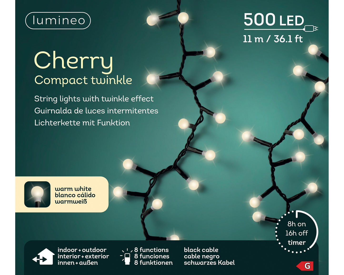 Lichterkette CHERRY Compact Twinkle 500 LED 11 m warm weiß, schwarzes Kabel