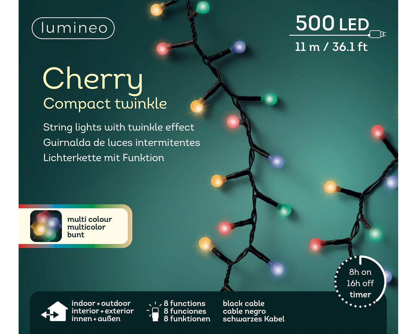 Lichterkette CHERRY Compact Twinkle 500 LED 11 m Bunt, schwarzes Kabel