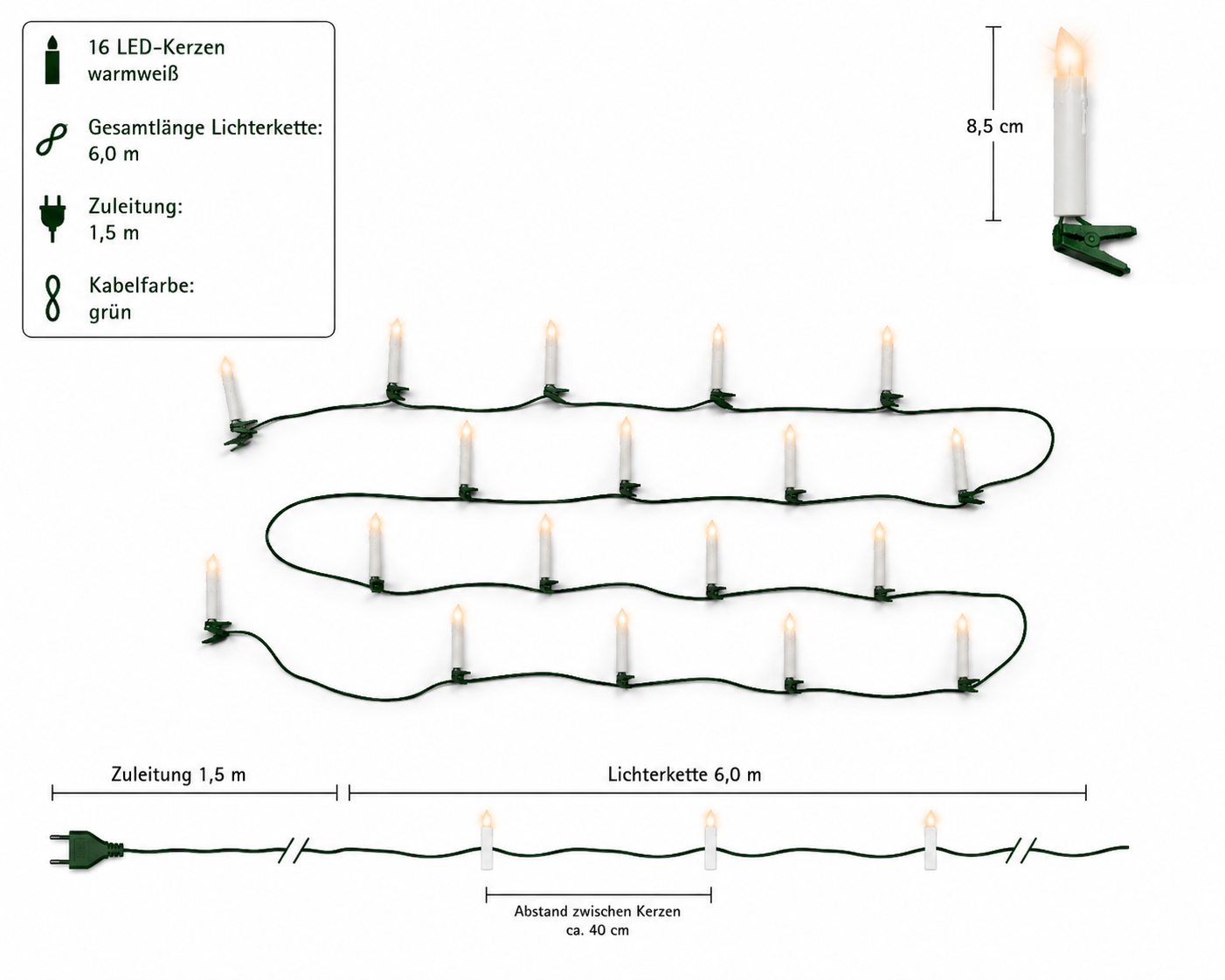 Kerzen-Lichterkette 16 LED 6 m klassisch warm, grünes Kabel