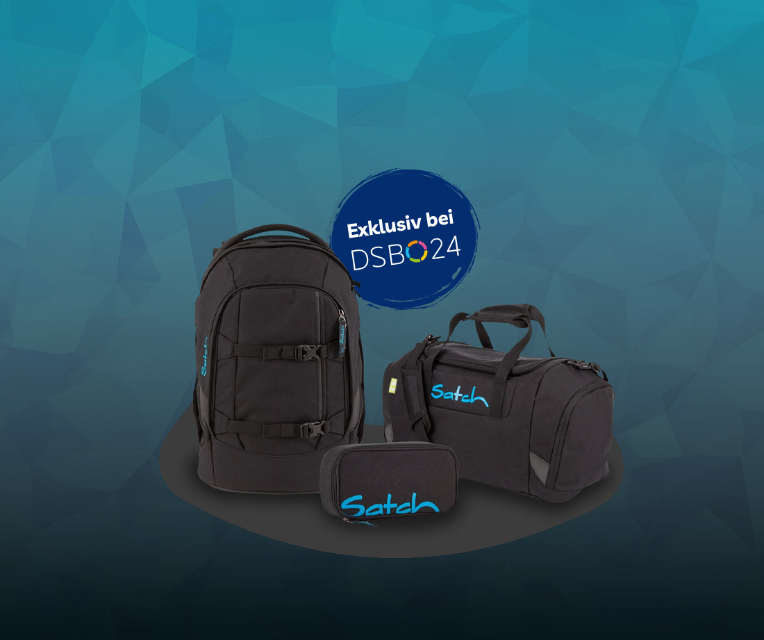 Ein exklusives Schulrucksackset in Schwarz bestehend aus Schulrucksack, Sporttasche und Mäppchen