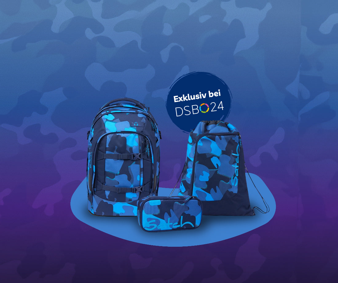 Ein exklusives Schulrucksackset in Blau mit Camouflagemuster bestehend aus Schulrucksack, Sportbeutel und  Mäppchen.