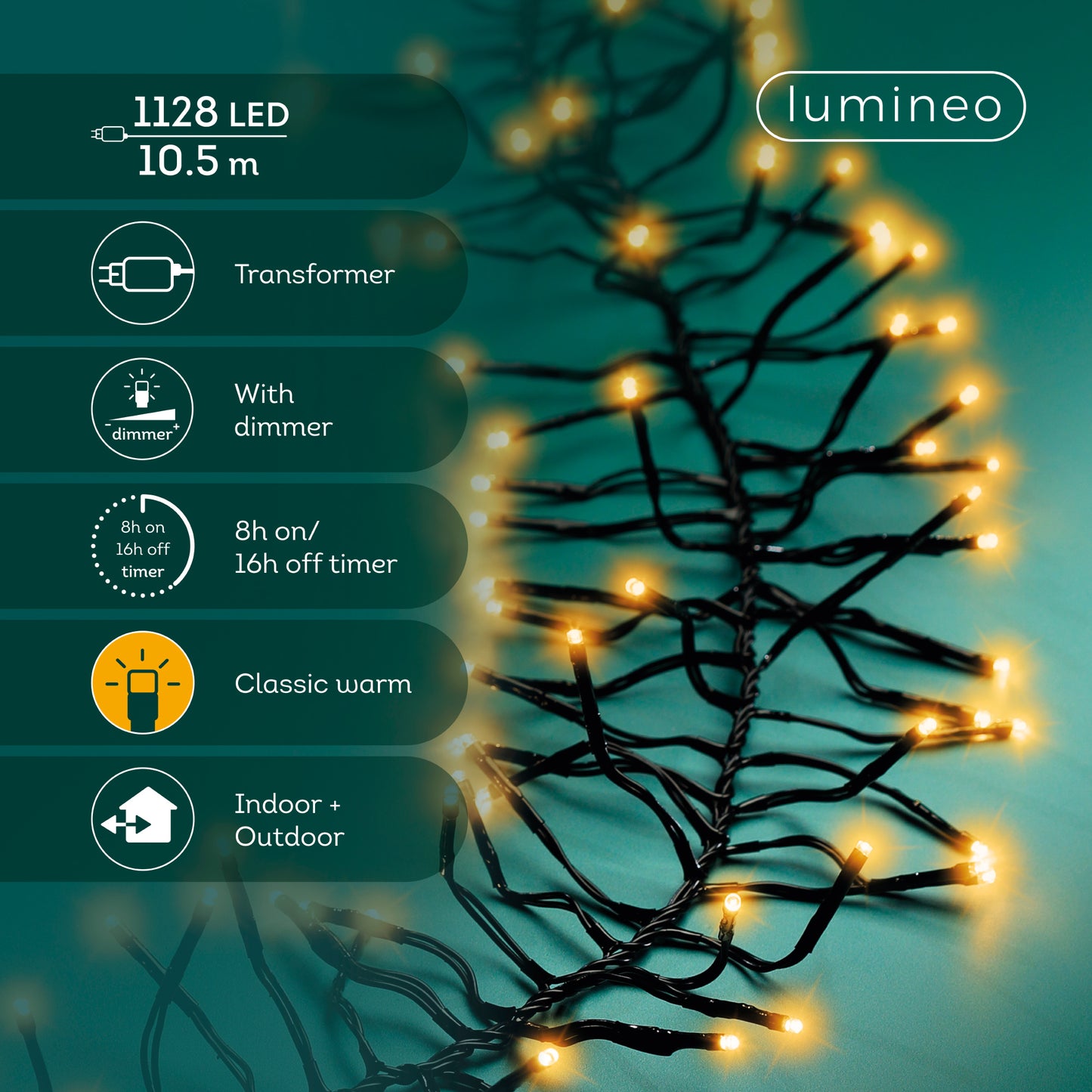 Lichterkette CLUSTER 1128 LED 10,5 m klassisch warm, schwarzes Kabel