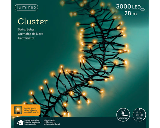 Lichterkette CLUSTER 3000 LED 28 m klassisch warm, schwarzes Kabel