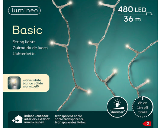 Lichterkette Basic 480 LED 36 m warm weiß, transparentes Kabel