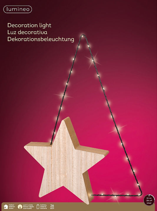 LED Beleuchtung Holzstern, 26 LED warm weiß, batteriebetrieben