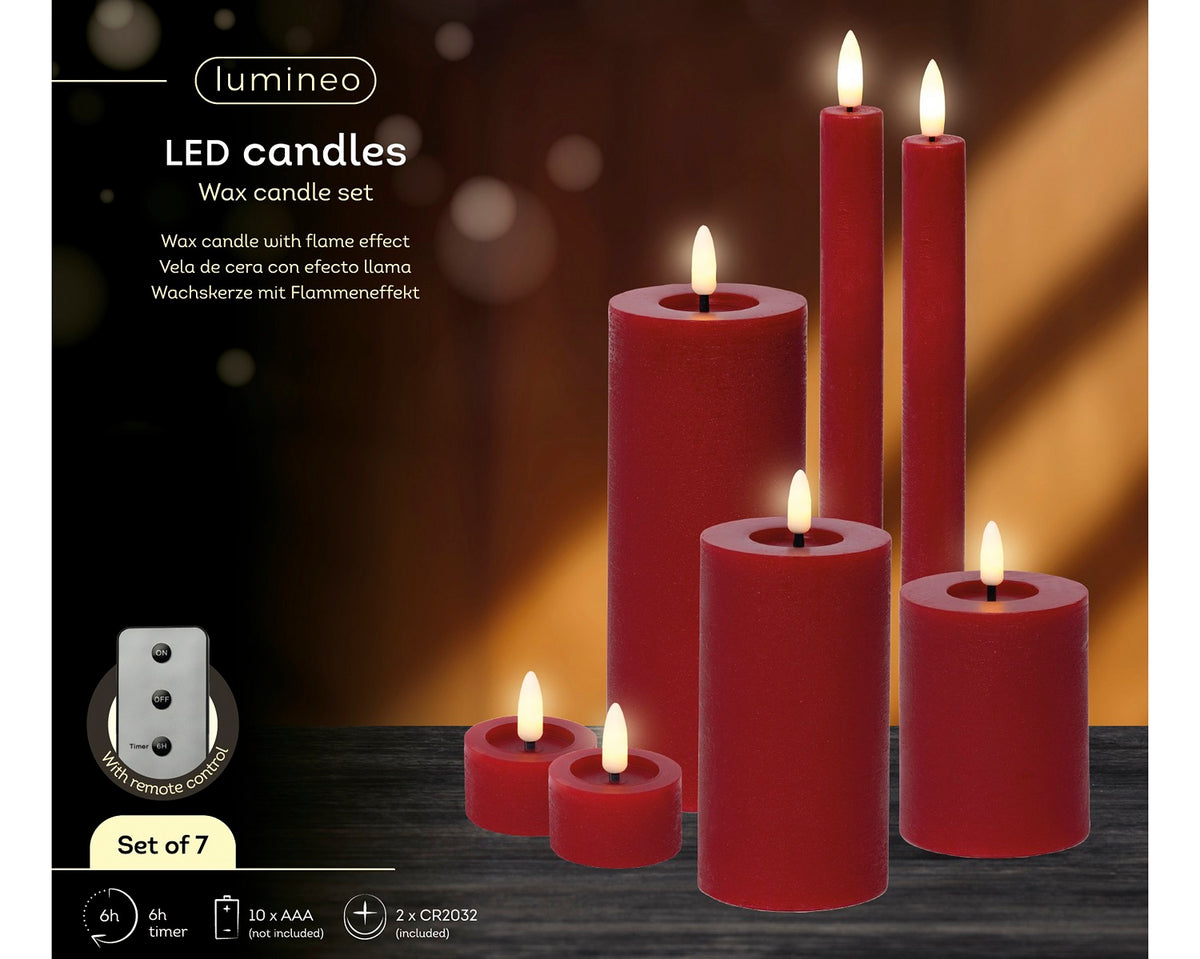 Lumineo LED Wachskerzen 7er-Set Rot, batteriebetrieben