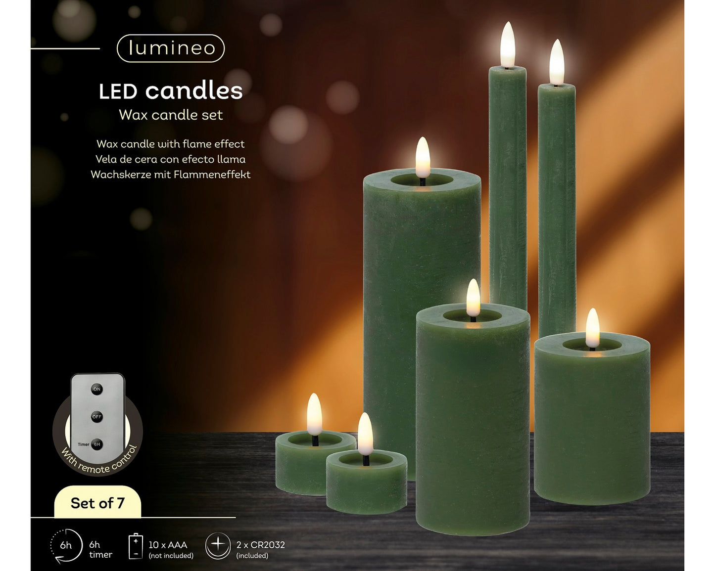 LED Wachskerzen 7er-Set Grün, batteriebetrieben