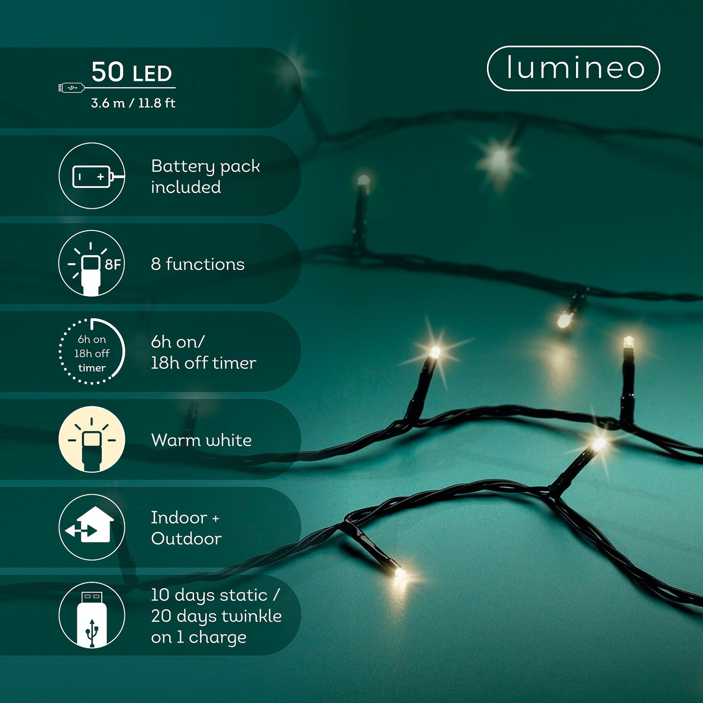 USB Lichterkette BASIC Twinkle, 50 LED 3,7 m, warm weiß, wiederaufladbar
