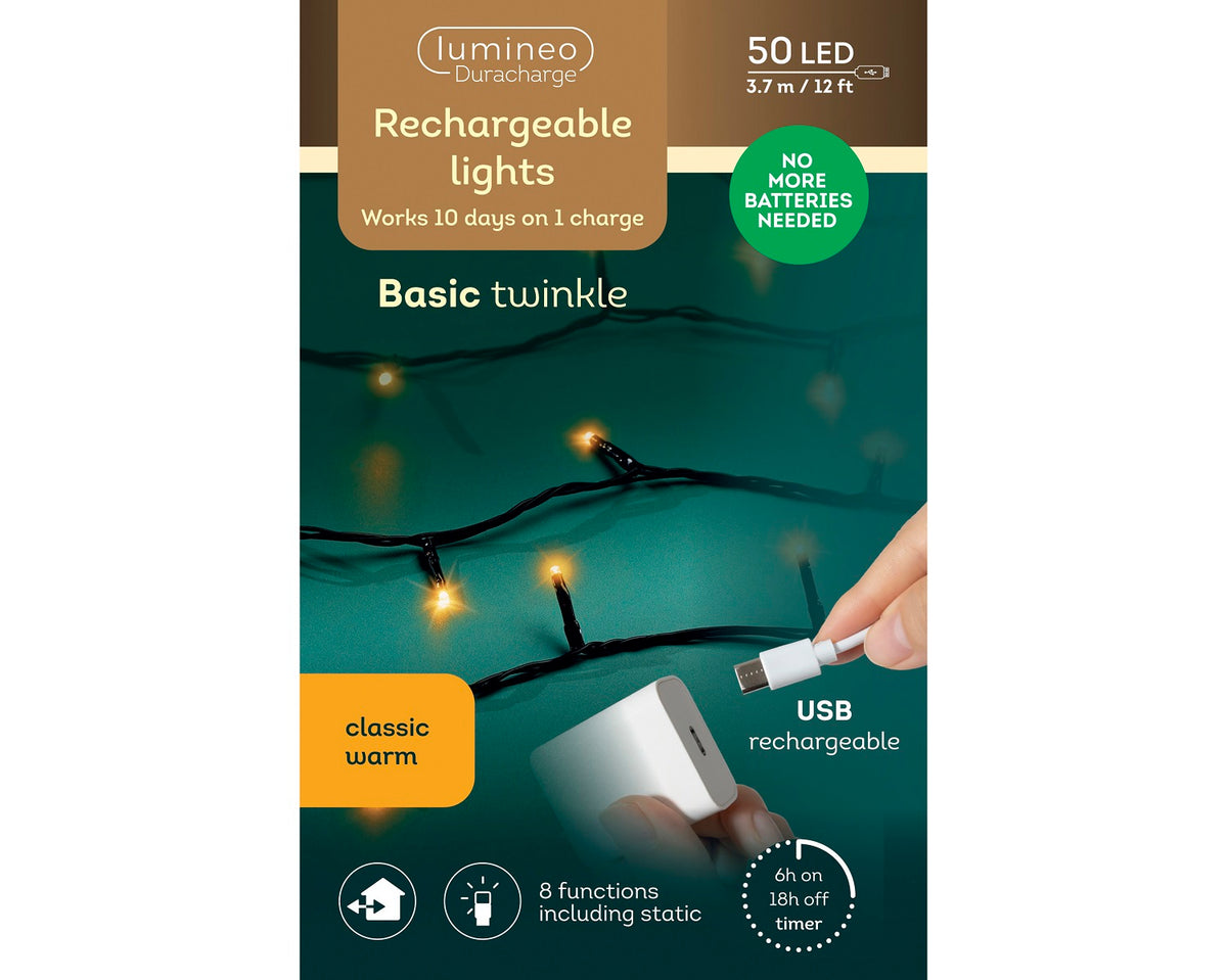 USB Lichterkette BASIC Twinkle, 50 LED 3,7 m, klassisch warm, wiederaufladbar
