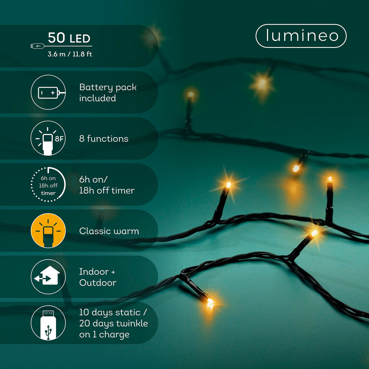 USB Lichterkette BASIC Twinkle, 50 LED 3,7 m, klassisch warm, wiederaufladbar