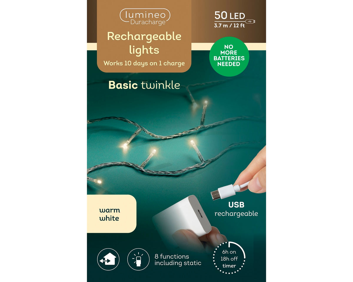 USB Lichterkette BASIC Twinkle, 50 LED, 3,7 m, warm weiß, wiederaufladbar