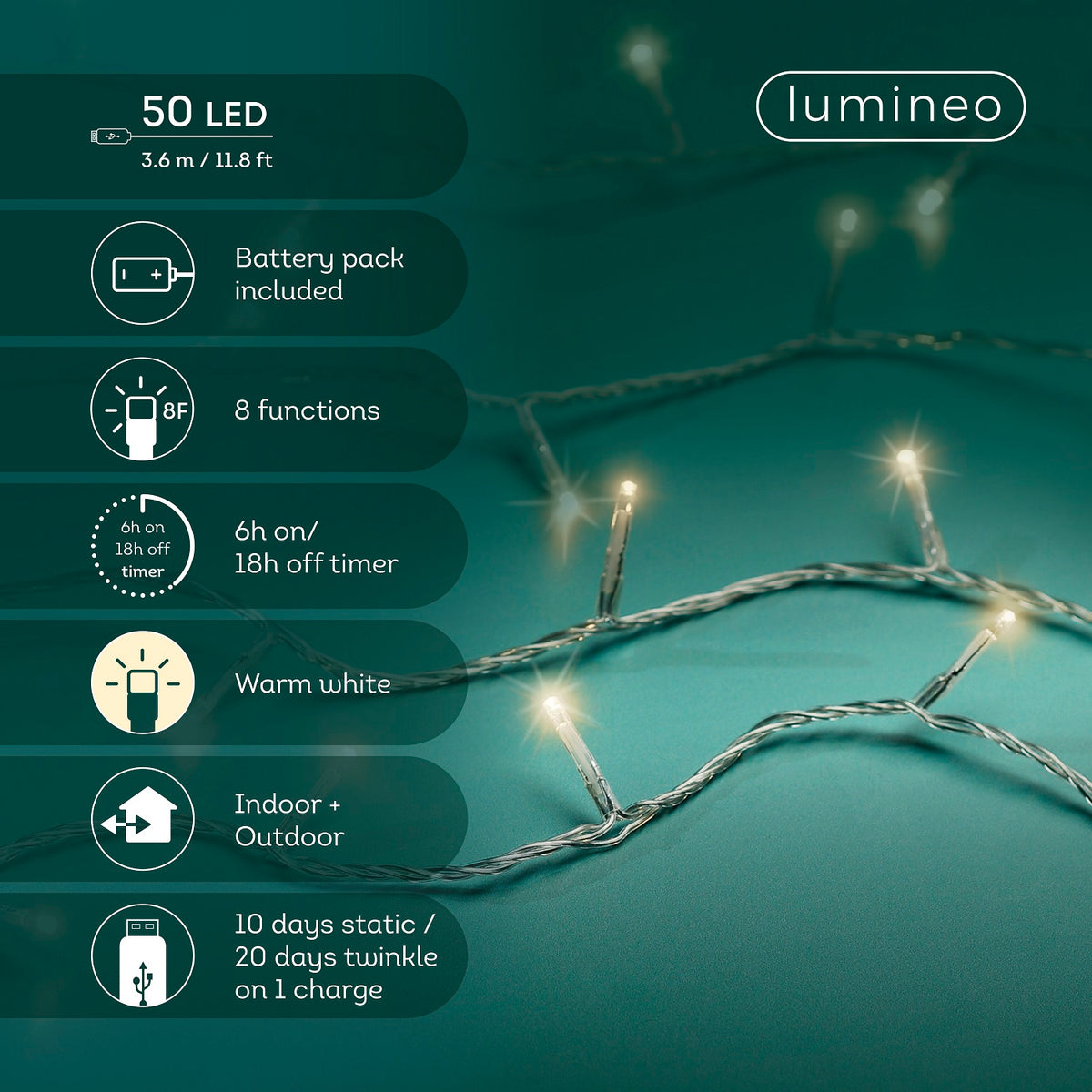 USB Lichterkette BASIC Twinkle, 50 LED, 3,7 m, warm weiß, wiederaufladbar