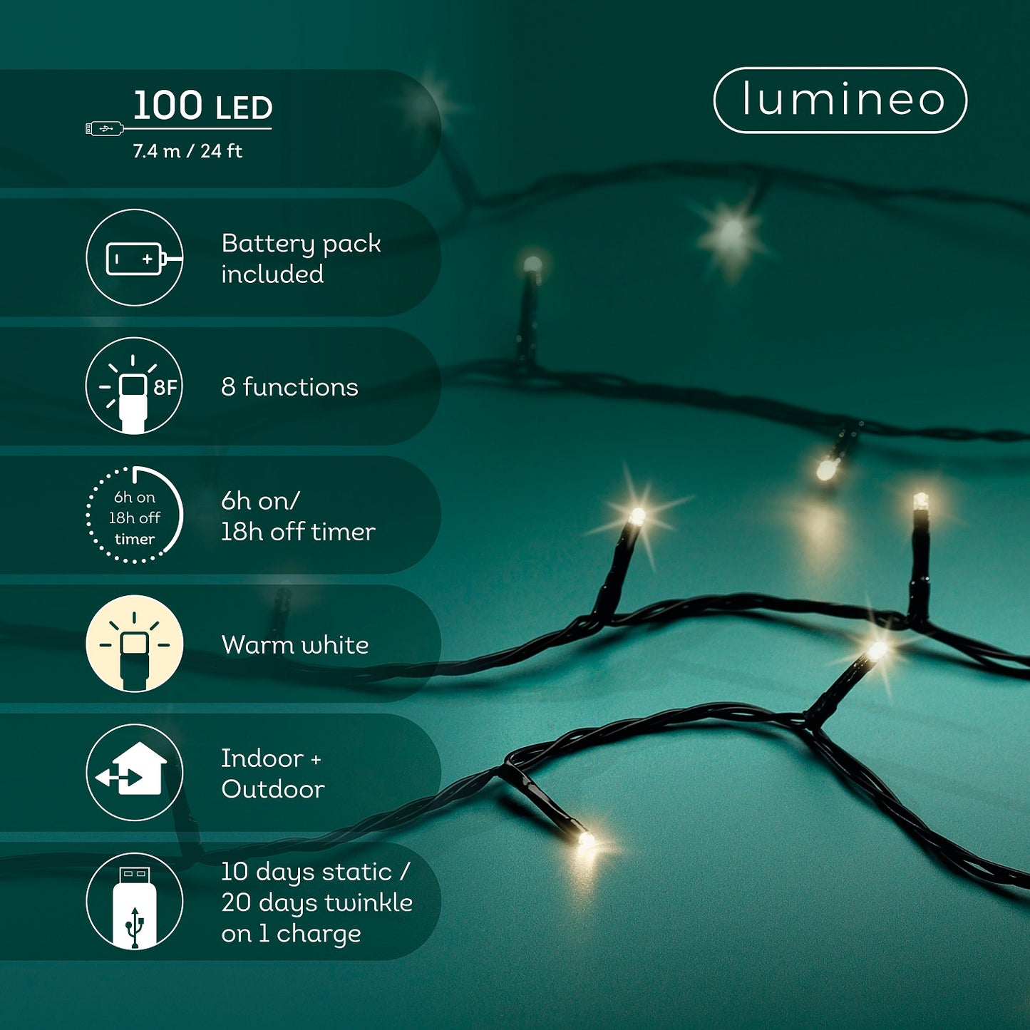 USB Lichterkette BASIC Twinkle, 100 LED 7,4 m, warm weiß, wiederaufladbar