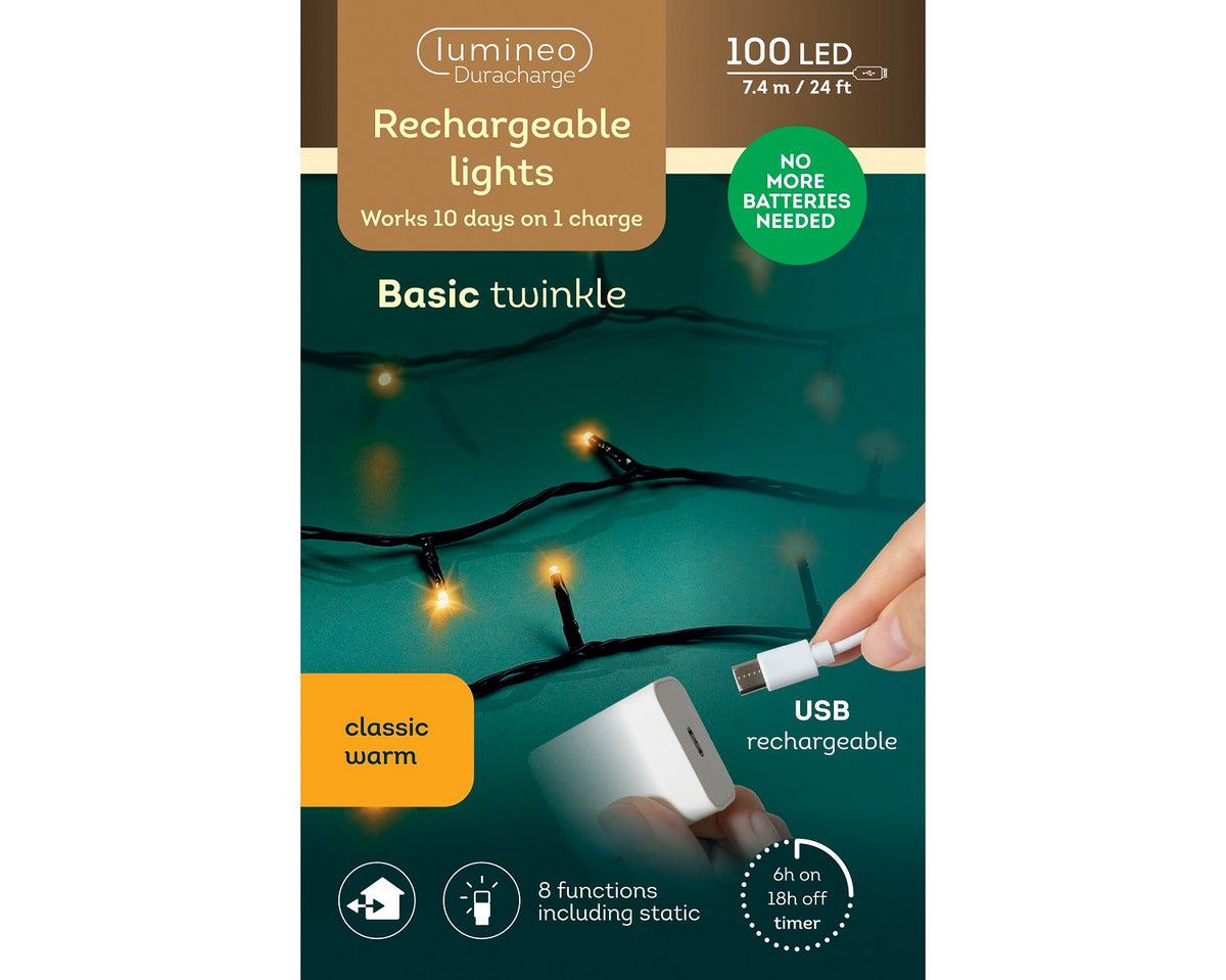 USB Lichterkette BASIC Twinkle, 100 LED 7,4 m, klassisch warm, wiederaufladbar
