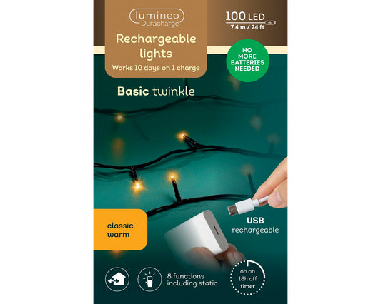 USB Lichterkette BASIC Twinkle, 100 LED 7,4 m, klassisch warm, wiederaufladbar