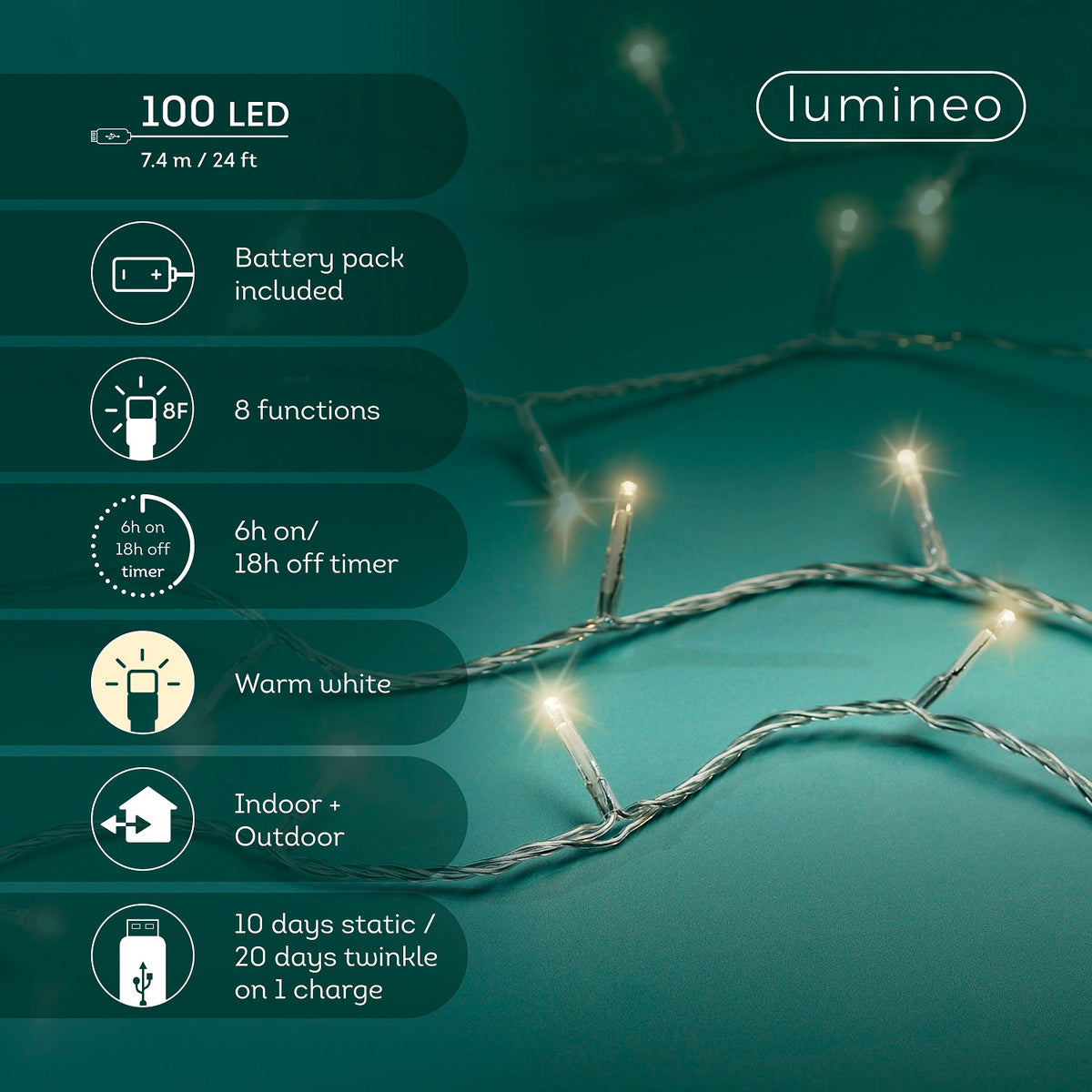 USB Lichterkette BASIC Twinkle, 100 LED 7,4 m, warm weiß, wiederaufladbar