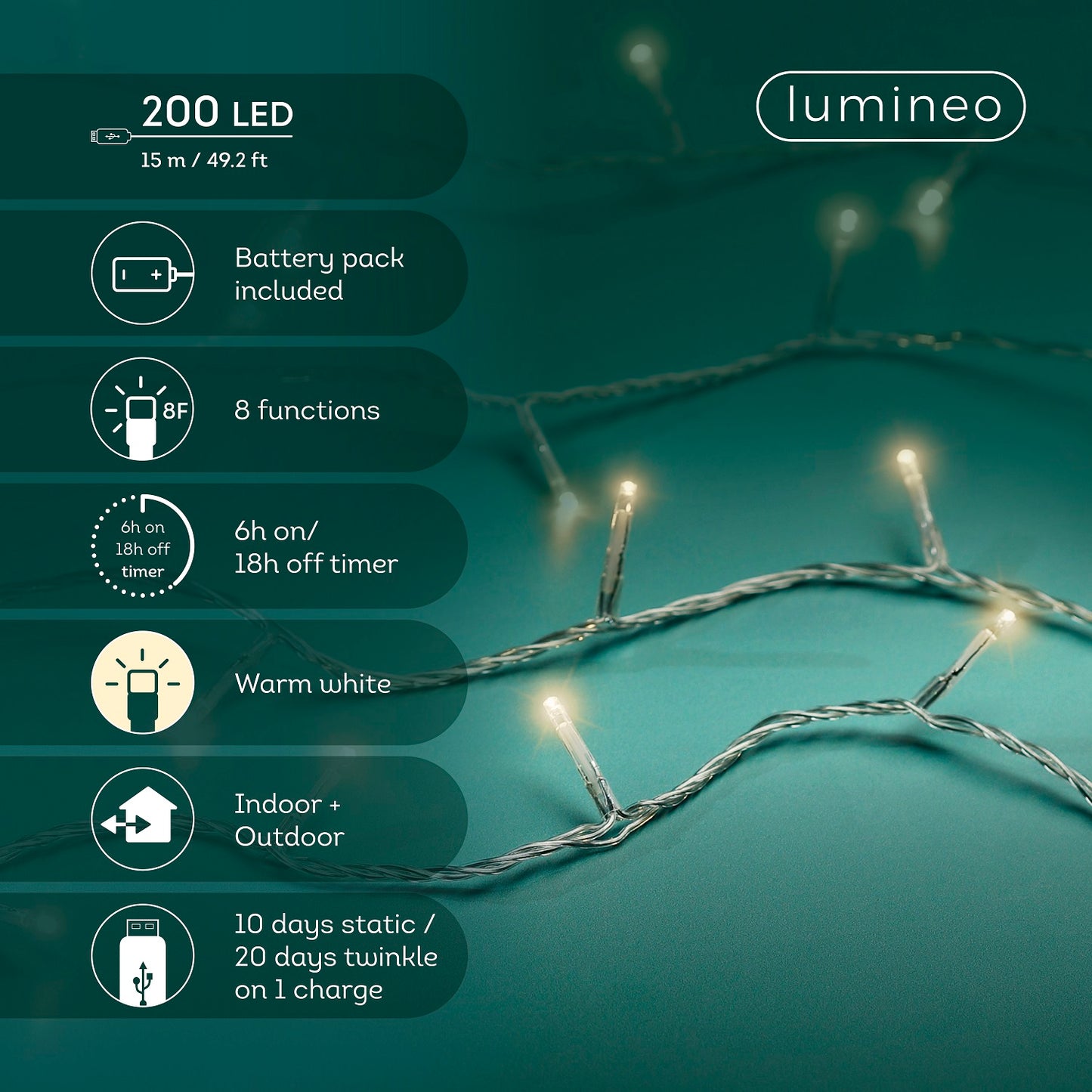 USB Lichterkette BASIC Twinkle, 200 LED 15 m, warm weiß, wiederaufladbar