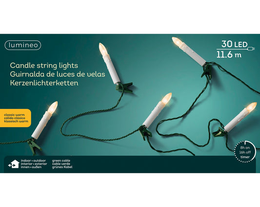 Kerzen-Lichterkette 30 LED 11,6 m klassisch warm, grünes Kabel
