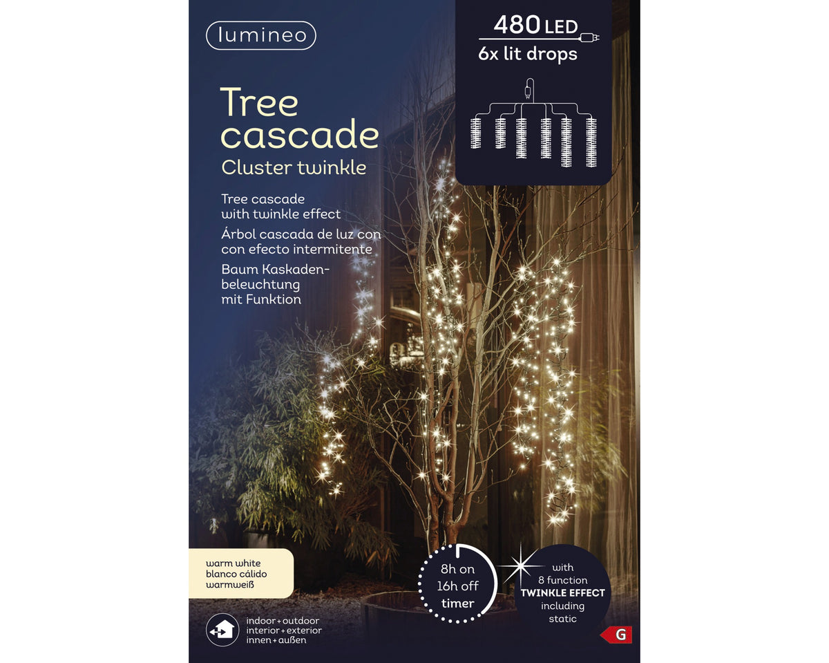 B-Ware Baum Kaskadenbeleuchtung, Cluster Twinkle 480 LED 6 LED-Stränge, warm weiß