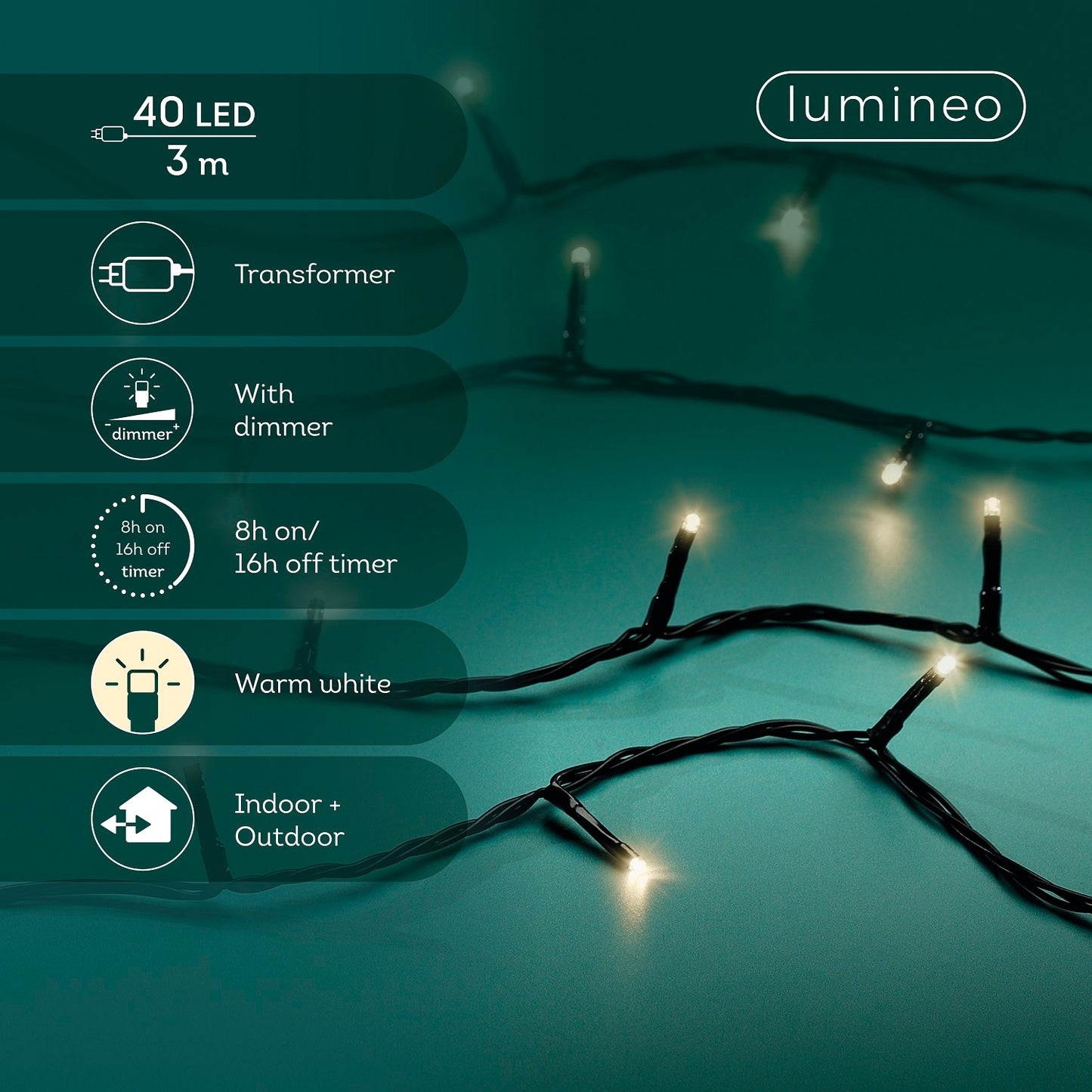 Lichterkette BASIC 40 LED 3 m warm weiß, schwarzes Kabel