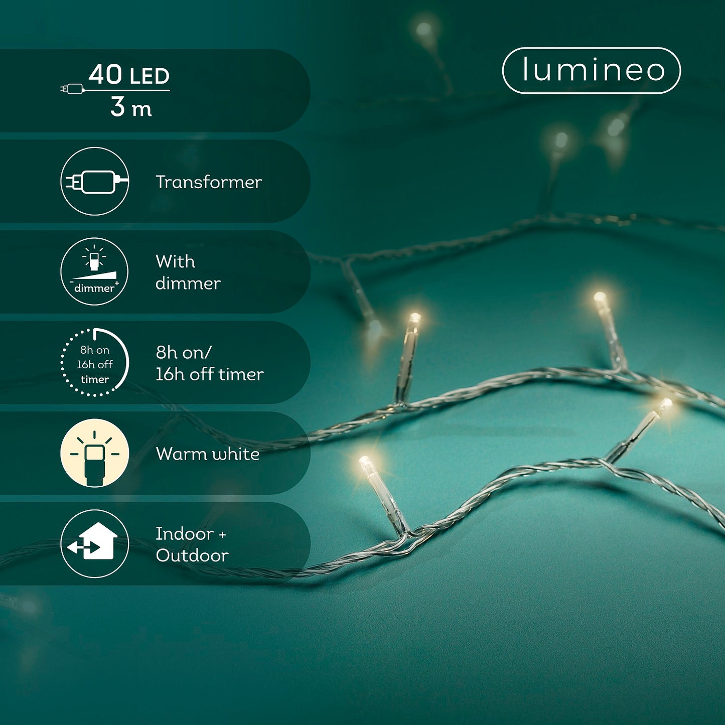 Lichterkette BASIC 40 LED 3 m warm weiß, transparentes Kabel