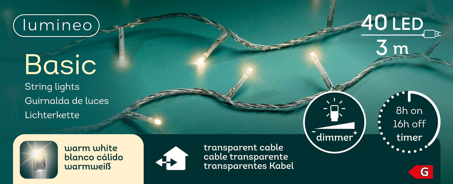 Lichterkette BASIC 40 LED 3 m warm weiß, transparentes Kabel