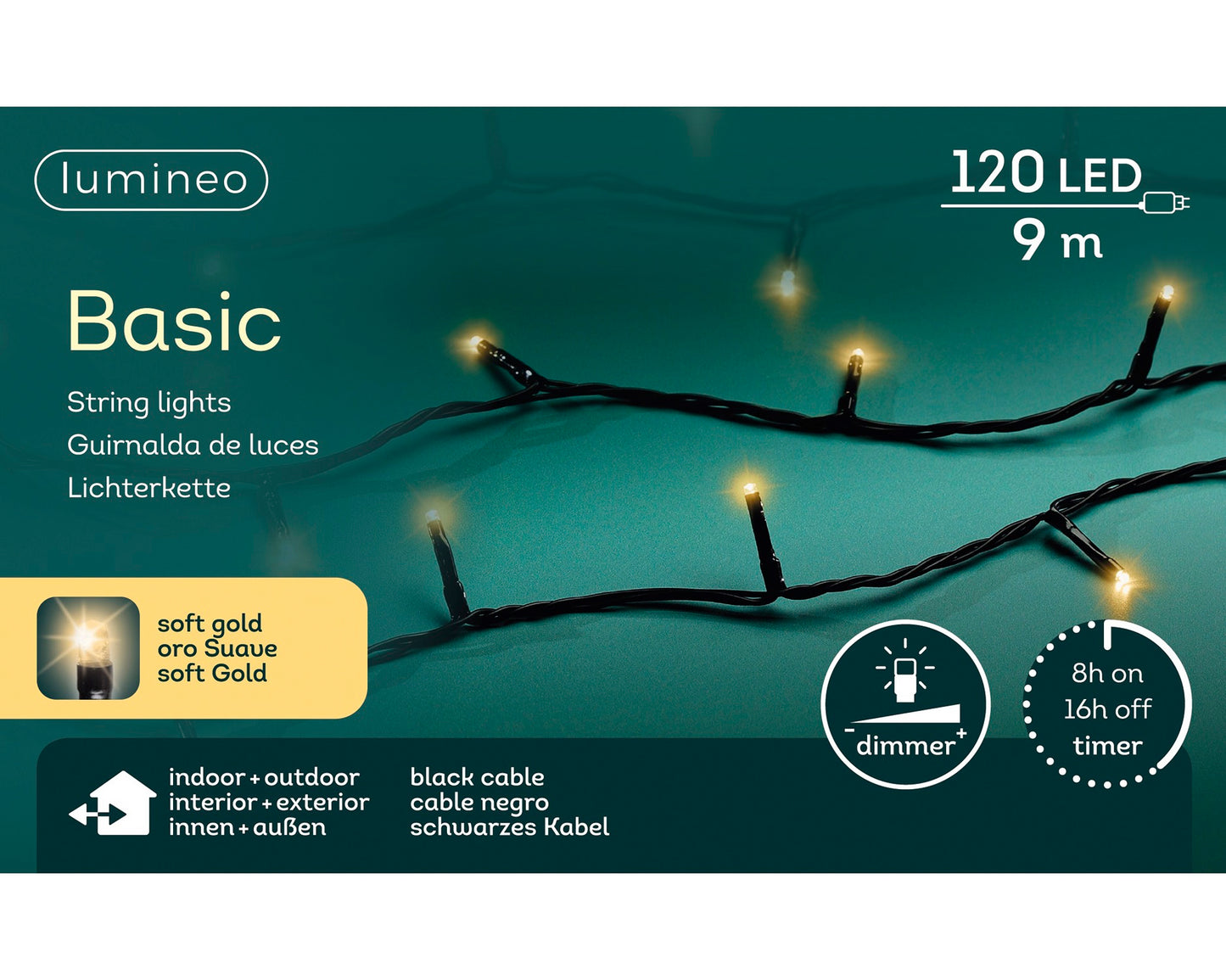 Lichterkette BASIC 120 LED 9 m Soft Gold, schwarzes Kabel