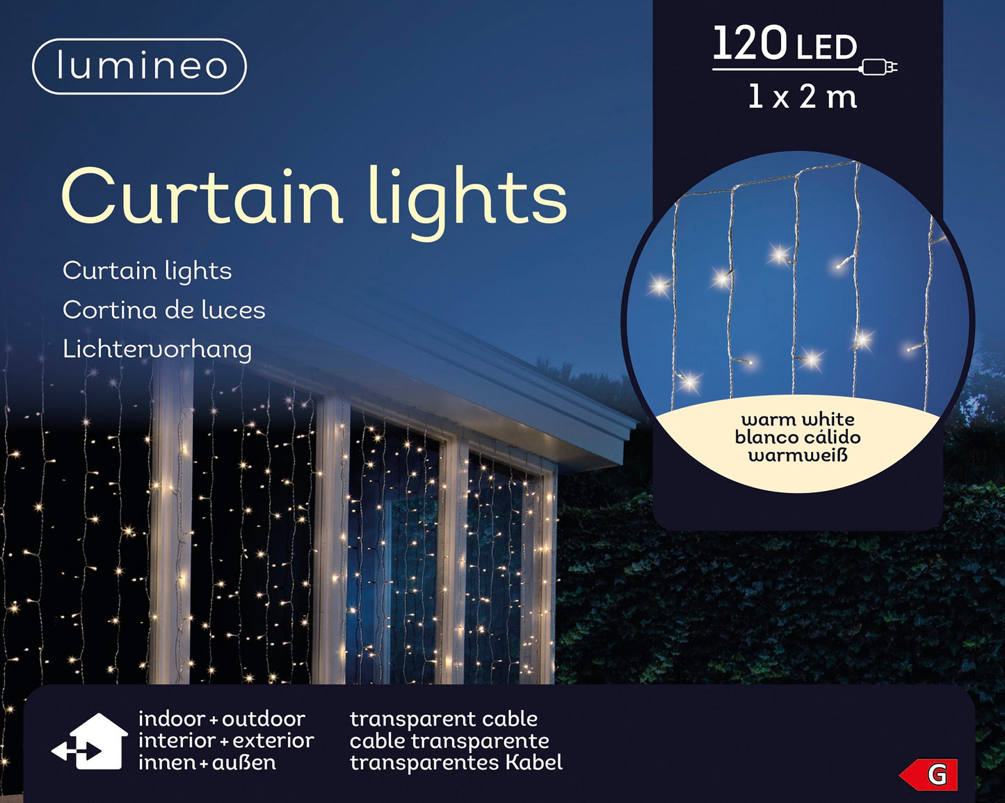 Lichtervorhang CURTAIN LIGHTS 120 LED 1 x 2 m warm weiß, transparentes Kabel