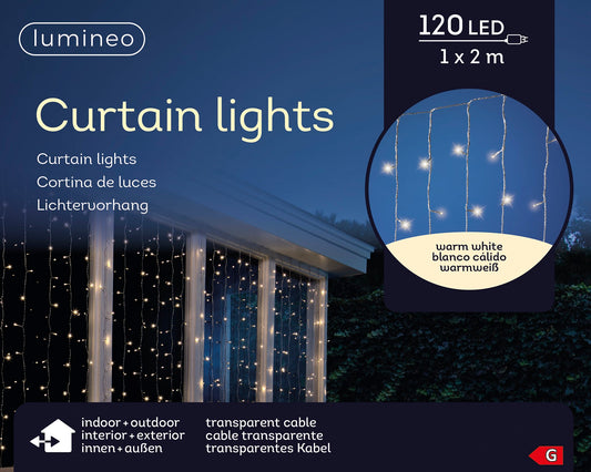 Lichtervorhang CURTAIN LIGHTS 120 LED 1 x 2 m warm weiß, transparentes Kabel