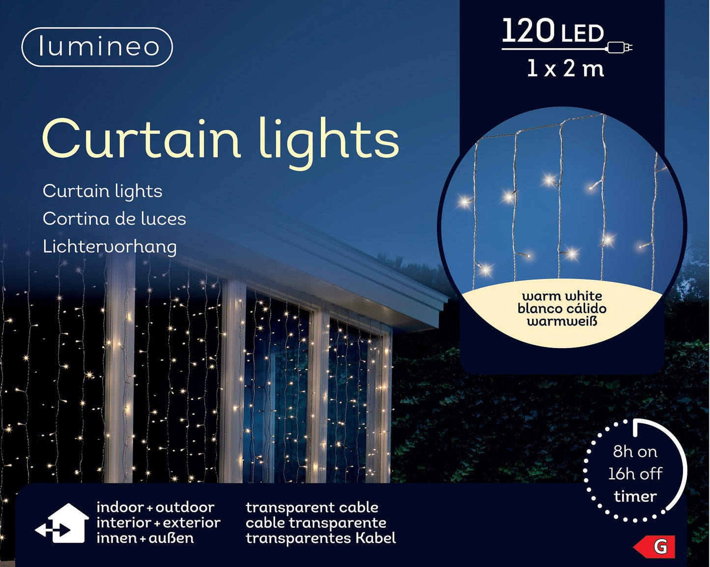 Lichtervorhang CURTAIN LIGHTS 120 LED 1 x 2 m warm weiß, transparentes Kabel