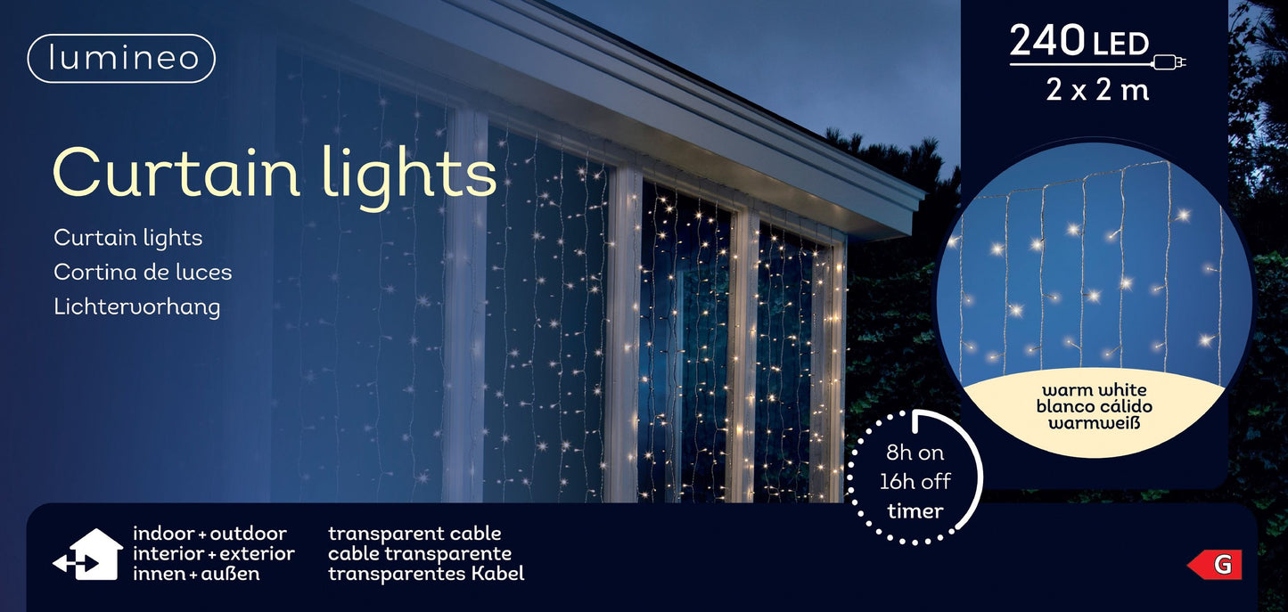 Lichtervorhang CURTAIN LIGHTS 240 LED 2x2m warm weiß, transparentes Kabel