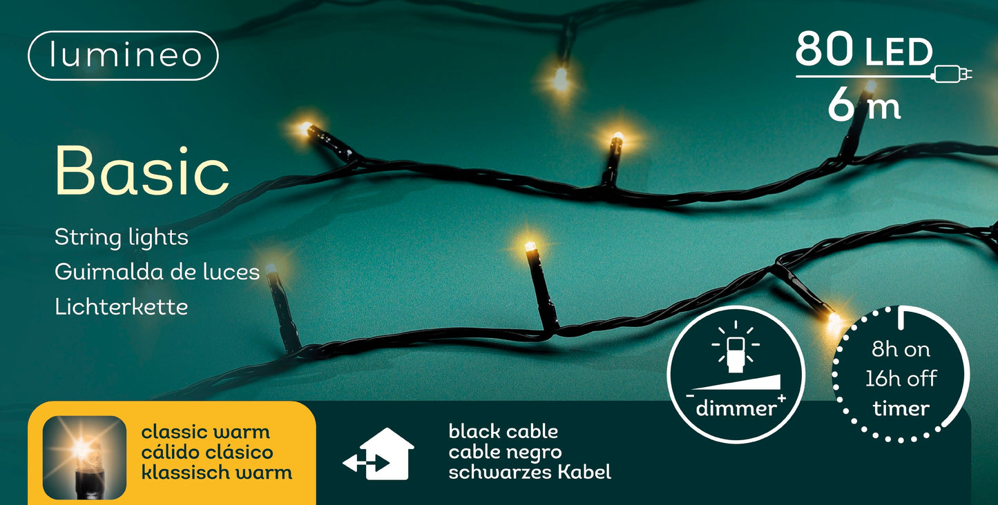 Lichterkette BASIC 80 LED 6 m klassisch warm, schwarzes Kabel