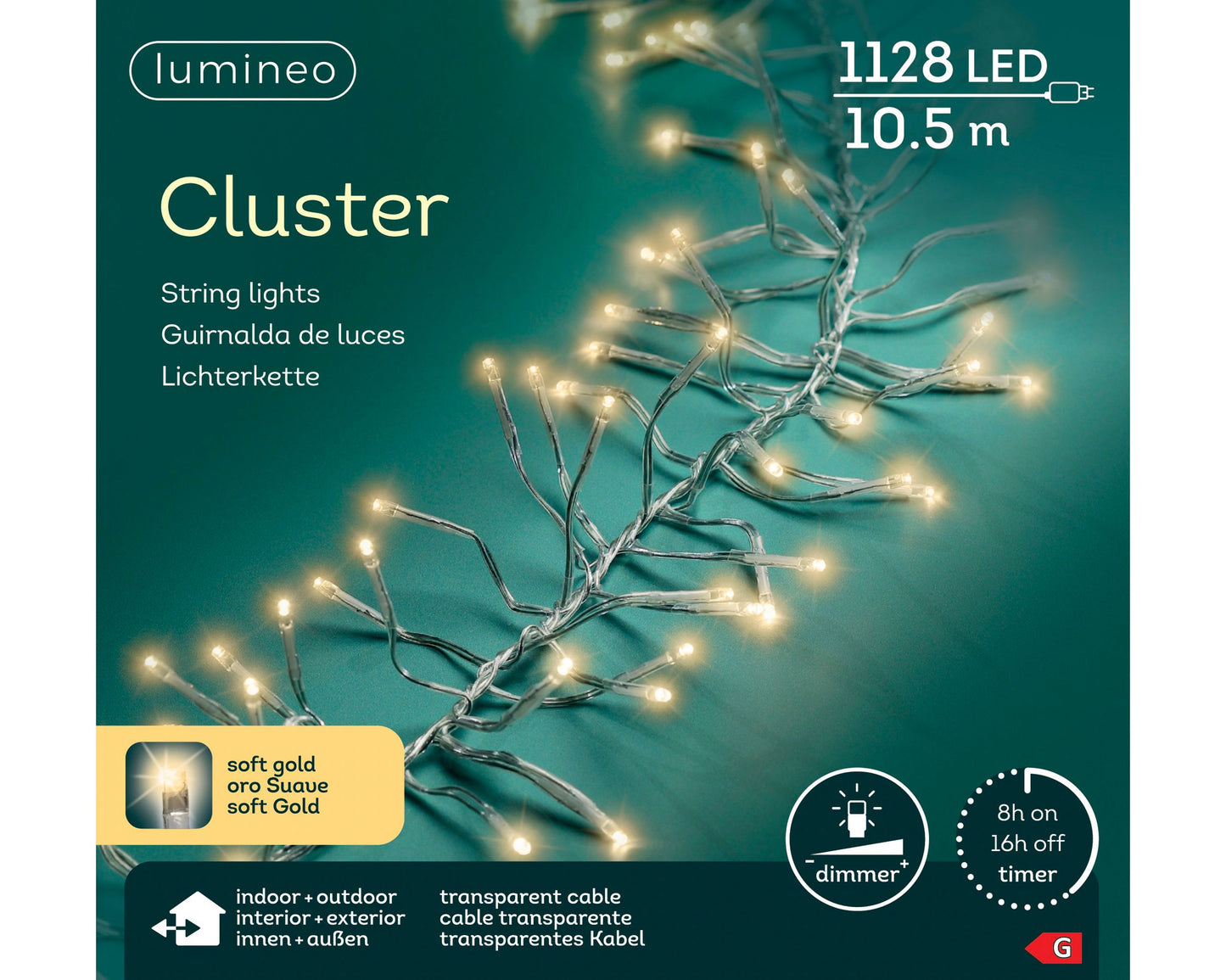 Lichterkette CLUSTER 1128 LED 10,5 m Soft Gold, transparentes Kabel