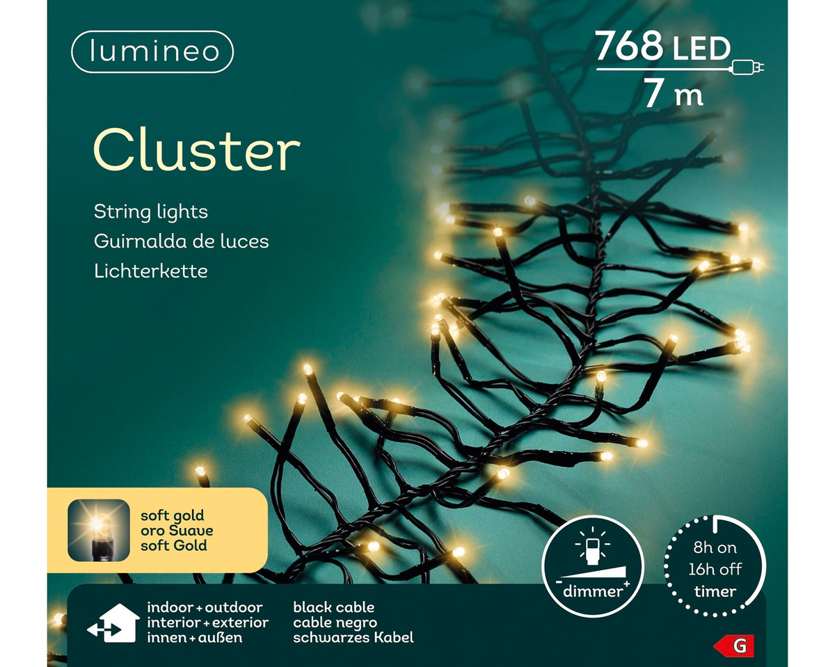 B-Ware Lichterkette CLUSTER 768 LED 7 m Soft Gold, schwarzes Kabel