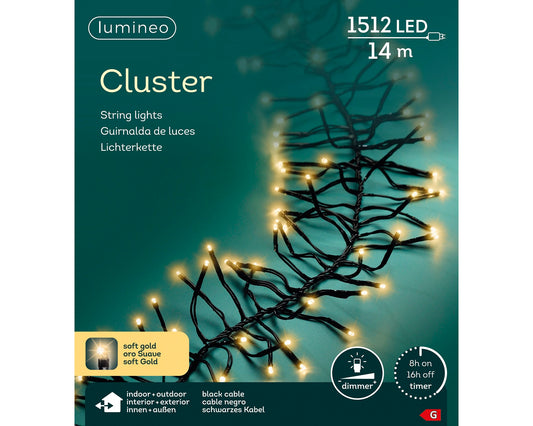 Lichterkette CLUSTER 1512 LED 14 m Soft Gold, schwarzes Kabel