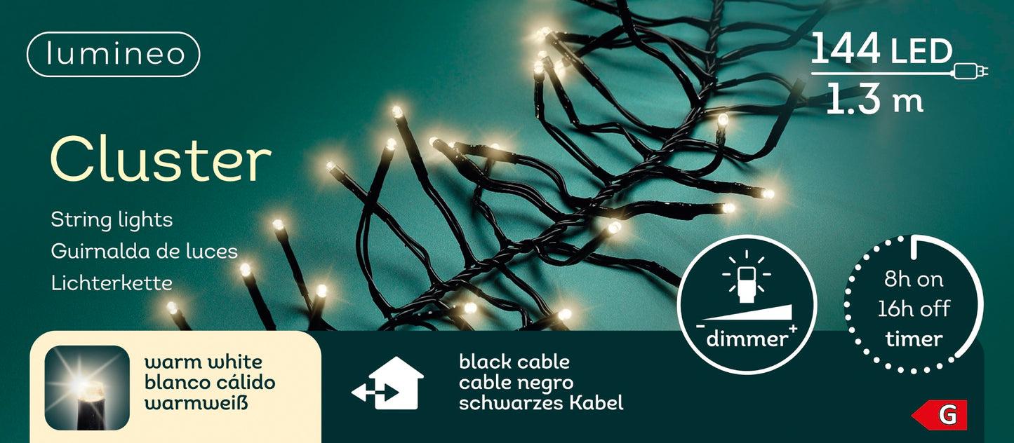 Lichterkette CLUSTER 144 LED 1,3 m warm weiß, schwarzes Kabel